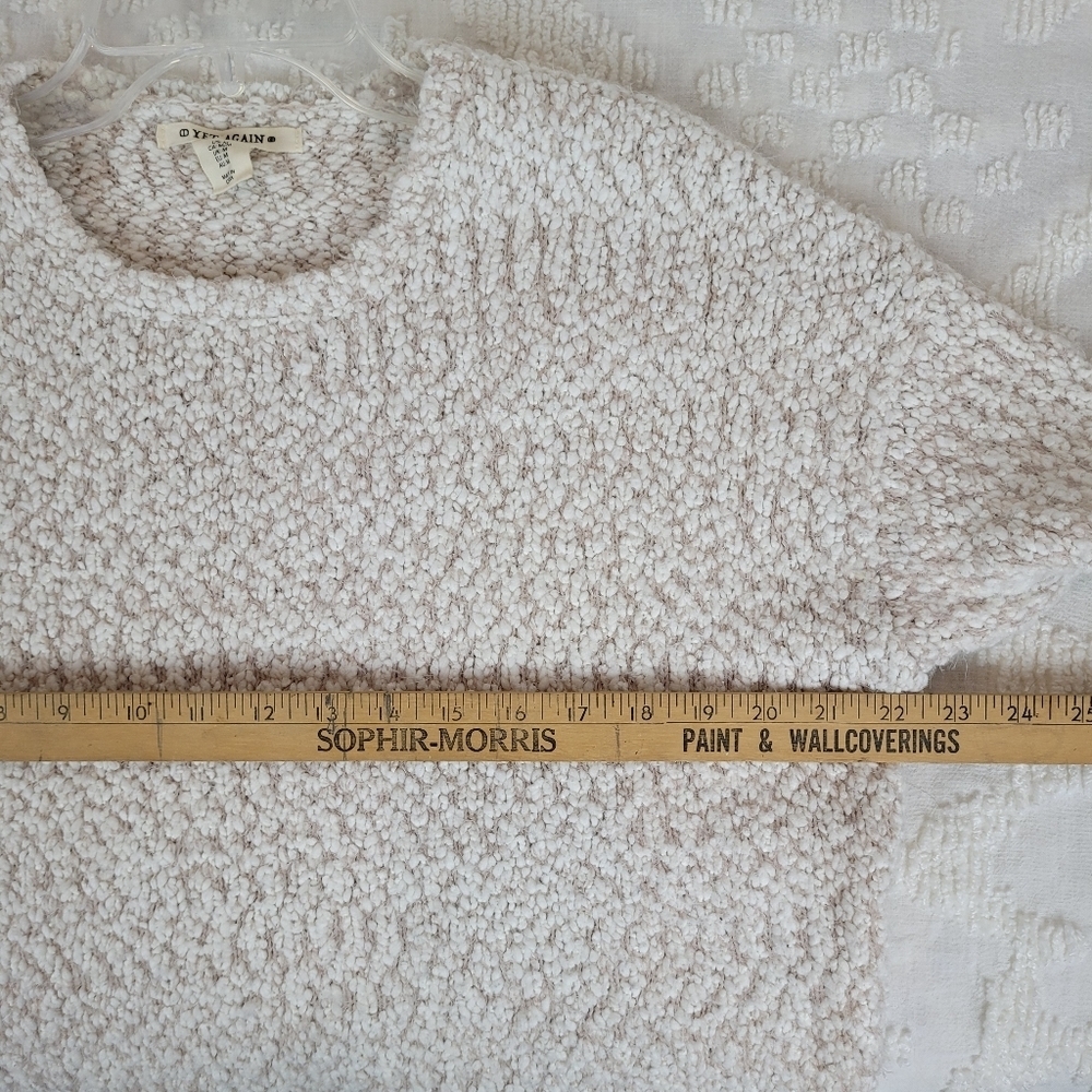 Yet Again ivory and tan loose knit chunky nubby crew neck sweater cozy beachy M - Picture 7 of 9